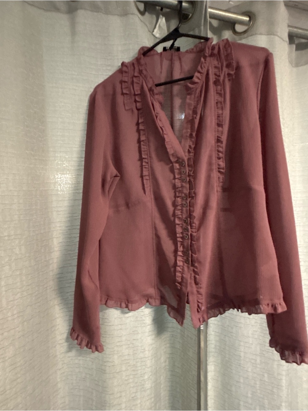 Oleg Cassini Mauve Ruffle-Trim Button-Front Blouse
